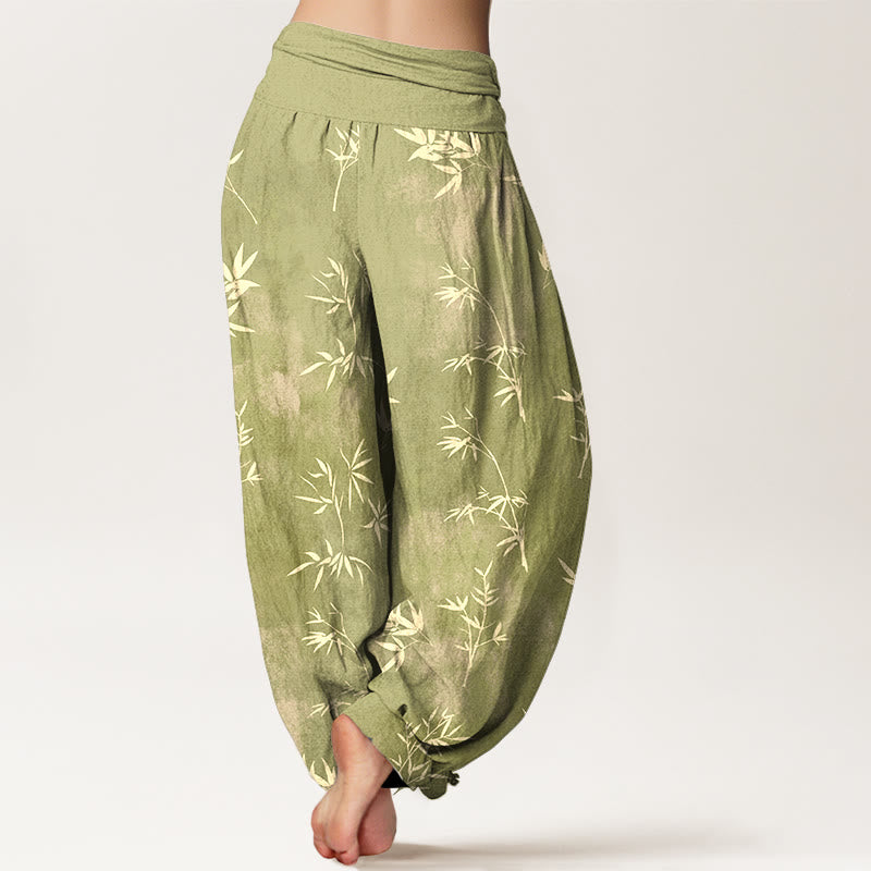 Pantaloni harem da donna con elastico in vita e motivo a foglie di bambù semplici in cotone con Buddha Stones - image 6