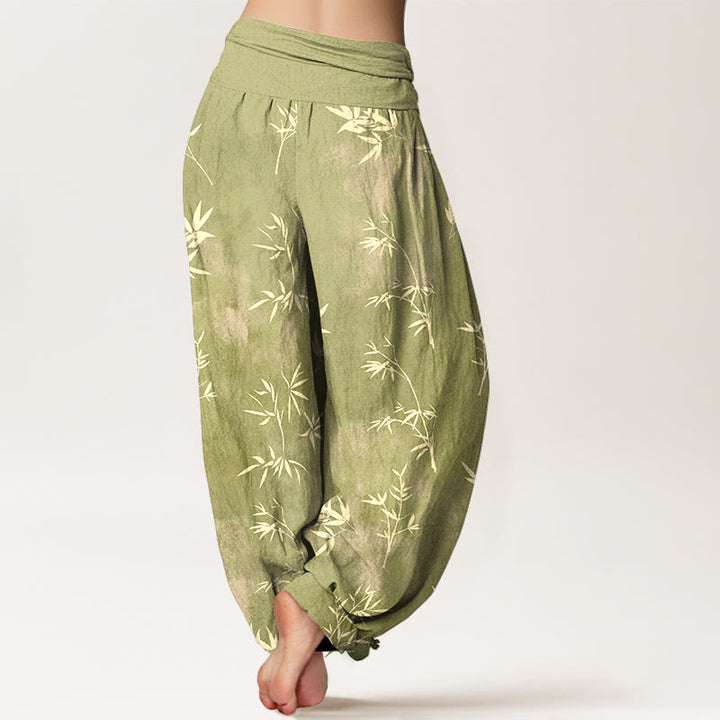 Pantaloni harem da donna con elastico in vita e motivo a foglie di bambù semplici in cotone con Buddha Stones - image 6