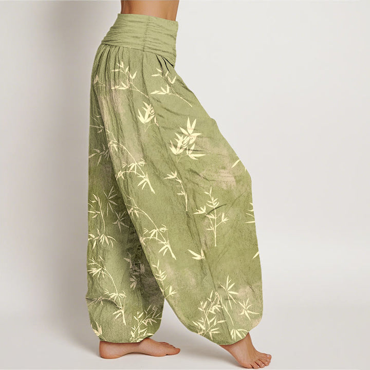Pantaloni harem da donna con elastico in vita e motivo a foglie di bambù semplici in cotone con Buddha Stones - image 7