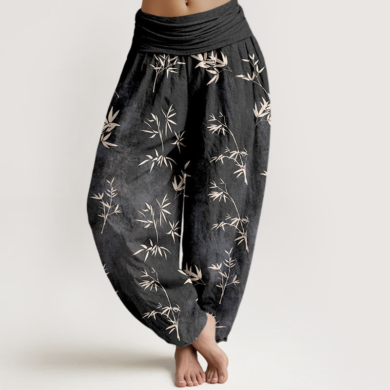 Pantaloni harem da donna con elastico in vita e motivo a foglie di bambù semplici in cotone con Buddha Stones - Nero - US16, UK/AU20, EU48 (3XL) - image 8