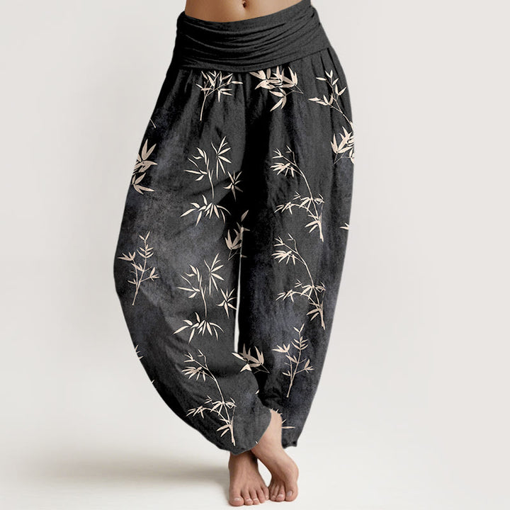 Pantaloni harem da donna con elastico in vita e motivo a foglie di bambù semplici in cotone con Buddha Stones - Nero - US16, UK/AU20, EU48 (3XL) - image 8