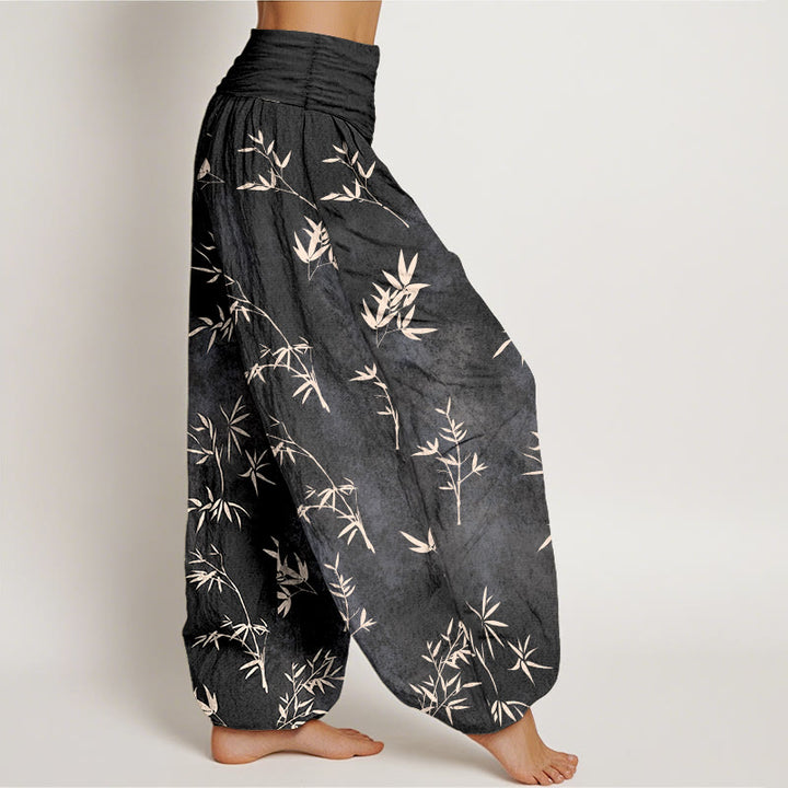 Pantaloni harem da donna con elastico in vita e motivo a foglie di bambù semplici in cotone con Buddha Stones - image 10
