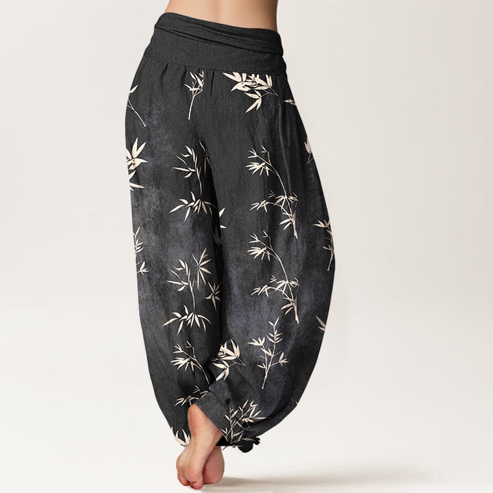 Pantaloni harem da donna con elastico in vita e motivo a foglie di bambù semplici in cotone con Buddha Stones - image 9