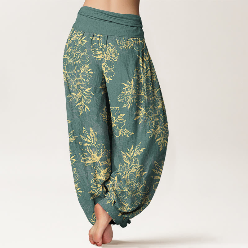 Pantaloni harem da donna con elastico in vita, motivo a fiori e foglie in cotone Buddha Stones - image 1
