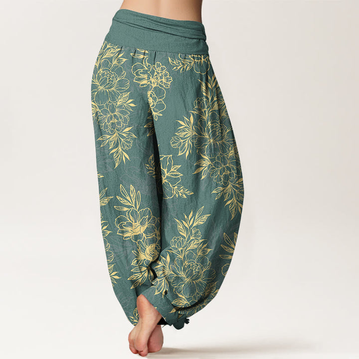 Pantaloni harem da donna con elastico in vita, motivo a fiori e foglie in cotone Buddha Stones - image 1