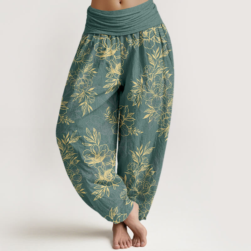 Pantaloni harem da donna con elastico in vita, motivo a fiori e foglie in cotone Buddha Stones - Verdemare medio - US16, UK/AU20, EU48 (3XL) - image 0
