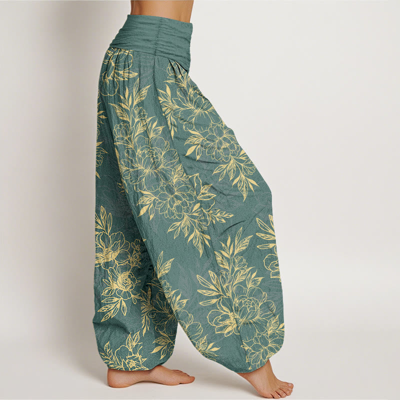 Pantaloni harem da donna con elastico in vita, motivo a fiori e foglie in cotone Buddha Stones - image 2