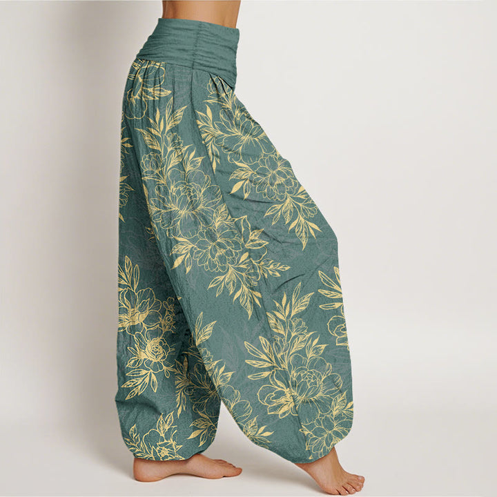 Pantaloni harem da donna con elastico in vita, motivo a fiori e foglie in cotone Buddha Stones - image 2