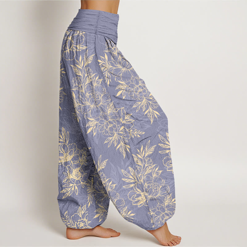 Pantaloni harem da donna con elastico in vita, motivo a fiori e foglie in cotone Buddha Stones - image 7
