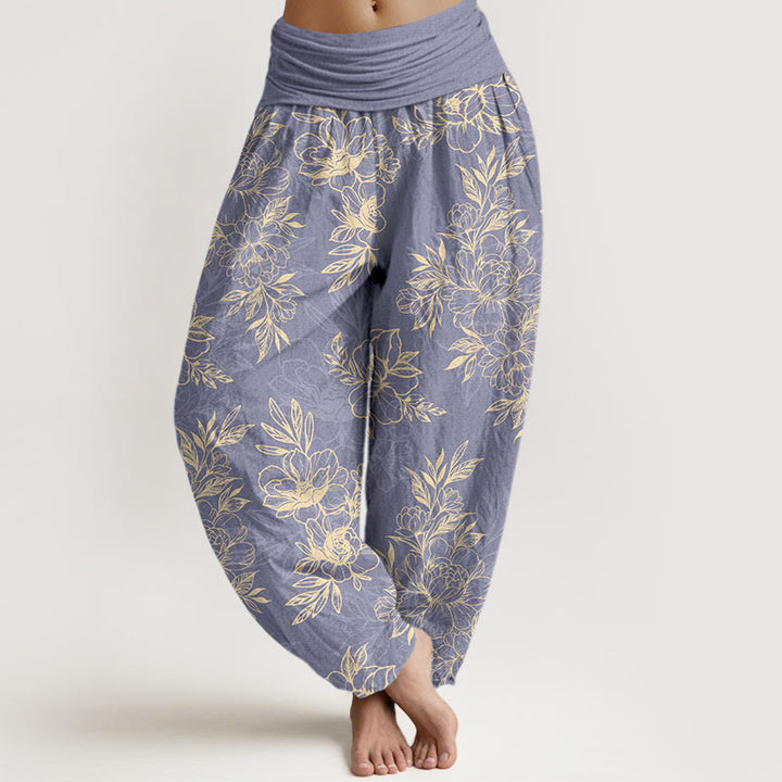 Pantaloni harem da donna con elastico in vita, motivo a fiori e foglie in cotone Buddha Stones - Ardesia Blu - US16, UK/AU20, EU48 (3XL) - image 5