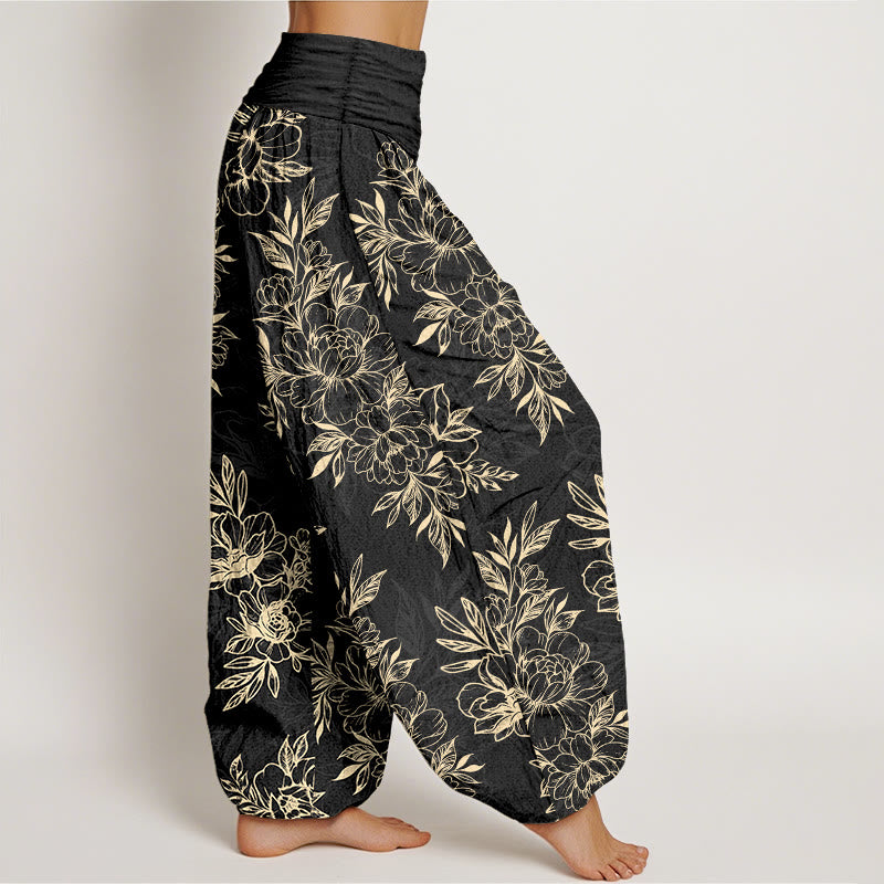Pantaloni harem da donna con elastico in vita, motivo a fiori e foglie in cotone Buddha Stones - image 10