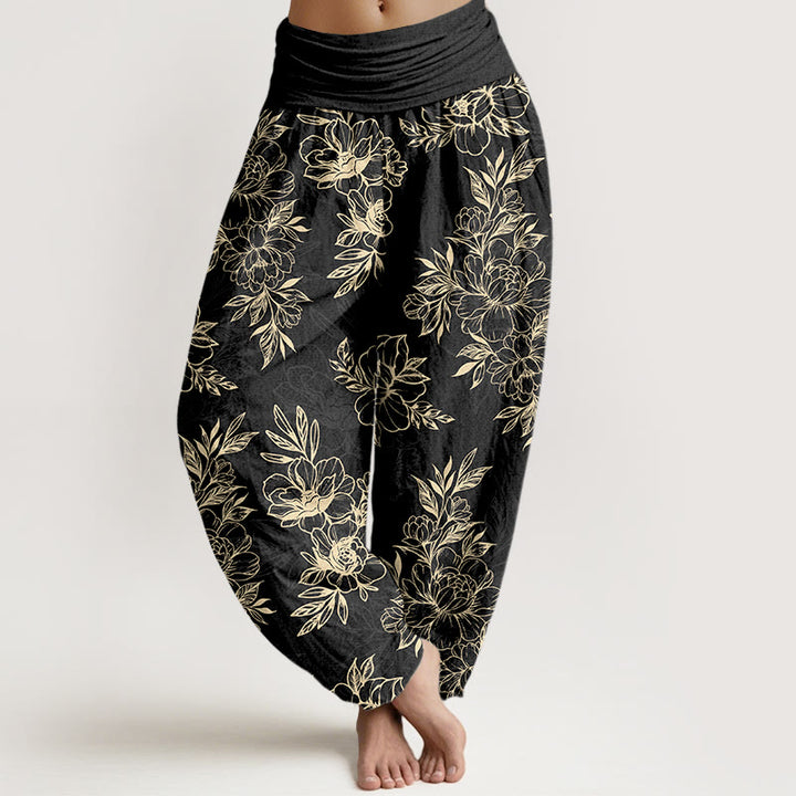 Pantaloni harem da donna con elastico in vita, motivo a fiori e foglie in cotone Buddha Stones - Nero - US16, UK/AU20, EU48 (3XL) - image 8