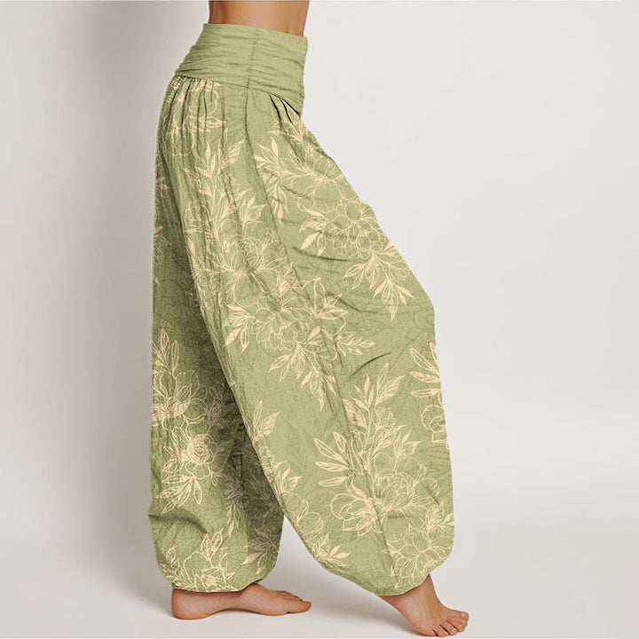 Pantaloni harem da donna con elastico in vita, motivo a fiori e foglie in cotone Buddha Stones - image 13