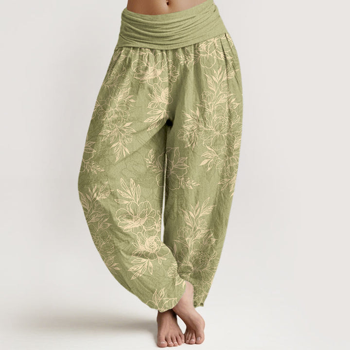 Pantaloni harem da donna con elastico in vita, motivo a fiori e foglie in cotone Buddha Stones - GialloVerde - US16, UK/AU20, EU48 (3XL) - image 11