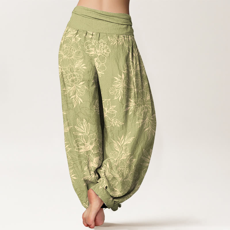 Pantaloni harem da donna con elastico in vita, motivo a fiori e foglie in cotone Buddha Stones - image 12