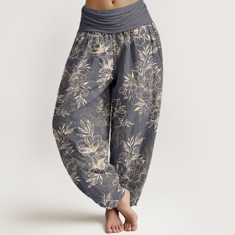 Pantaloni harem da donna con elastico in vita, motivo a fiori e foglie in cotone Buddha Stones - Grigio scuro - US16, UK/AU20, EU48 (3XL) - image 14