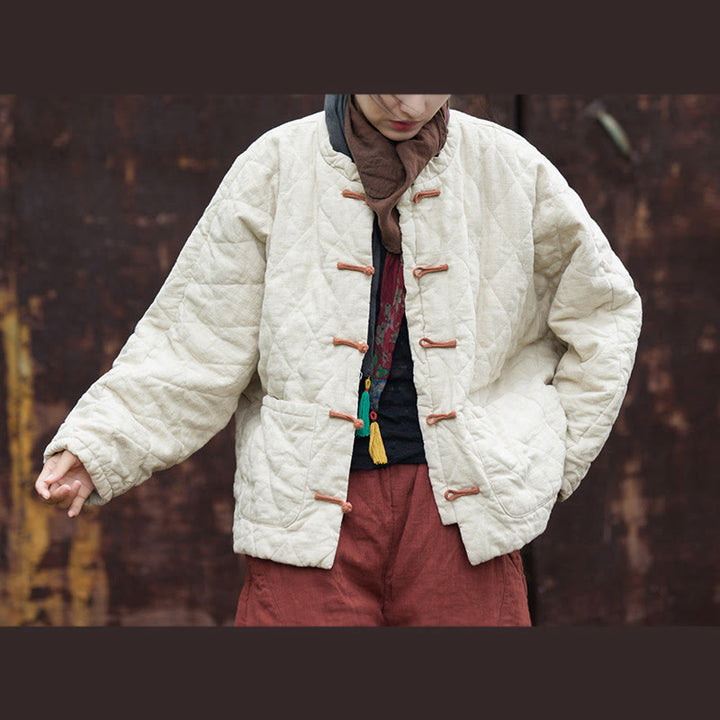 Giacca termica da donna in cotone a maniche lunghe con tasche e bottoni a rana invernali Buddha Stones - FlorealeBianco - US14, UK/AU18, EU46 (2XL) - image 0