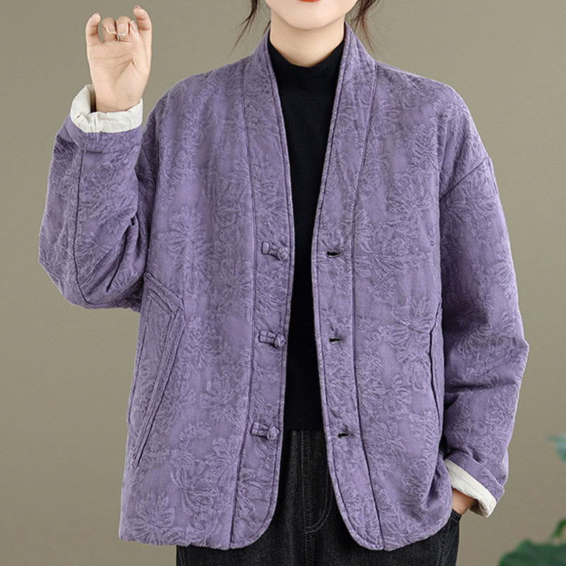 Giacca termica invernale da donna in cotone con maniche lunghe, scollo a V, bottoni a rana, jacquard Buddha Stones, con tasche - image 23