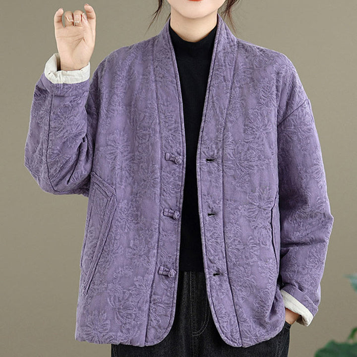 Giacca termica invernale da donna in cotone con maniche lunghe, scollo a V, bottoni a rana, jacquard Buddha Stones, con tasche - image 23