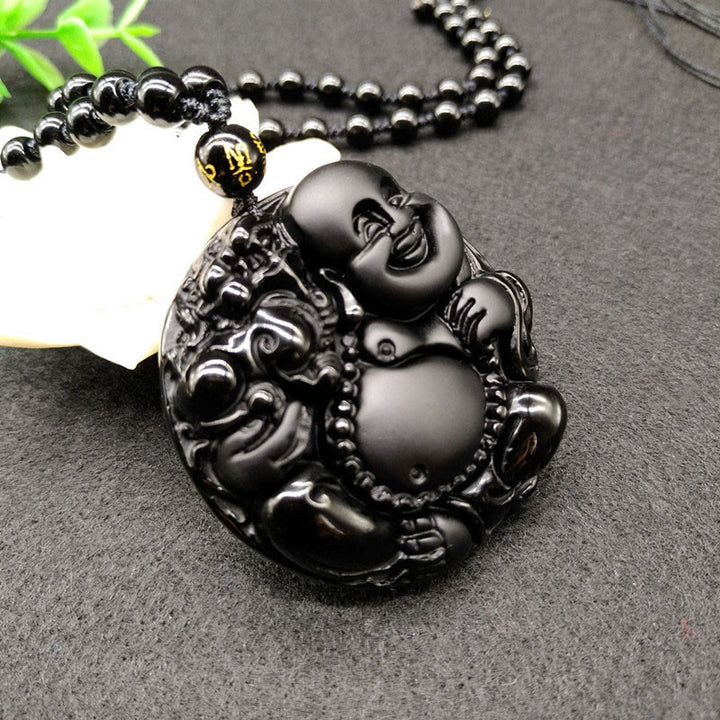 Collana con pendente in vetro di ossidiana nera con motivo Buddha Stones che ride - image 3
