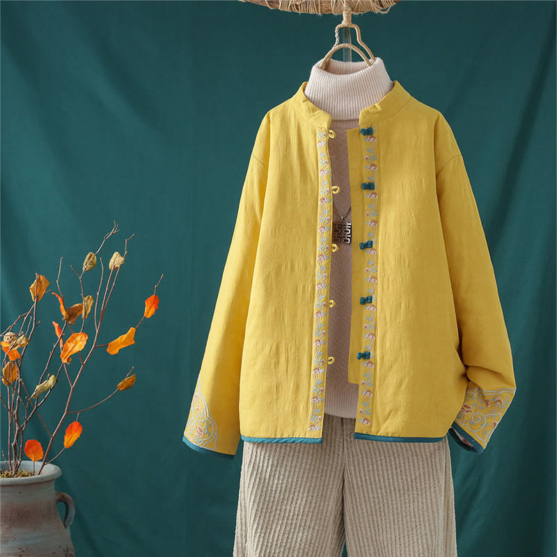 Giacca termica da donna in cotone a maniche lunghe con ricamo di fiori e bottoni a forma di rana invernale Buddha Stones - Giallo - US8-10, UK/AU12-14, EU40-42 (2XL) - image 1