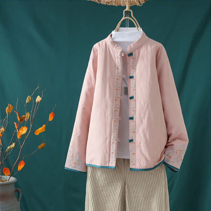 Giacca termica da donna in cotone a maniche lunghe con ricamo di fiori e bottoni a forma di rana invernale Buddha Stones - MistyRose - US8-10, UK/AU12-14, EU40-42 (2XL) - image 2