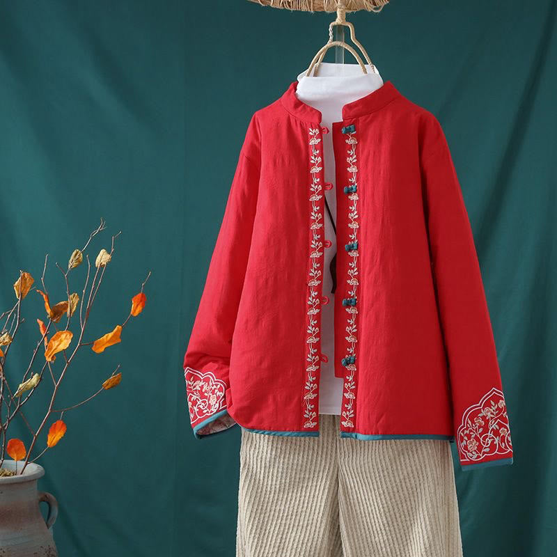 Giacca termica da donna in cotone a maniche lunghe con ricamo di fiori e bottoni a forma di rana invernale Buddha Stones - Rosso - US8-10, UK/AU12-14, EU40-42 (2XL) - image 18