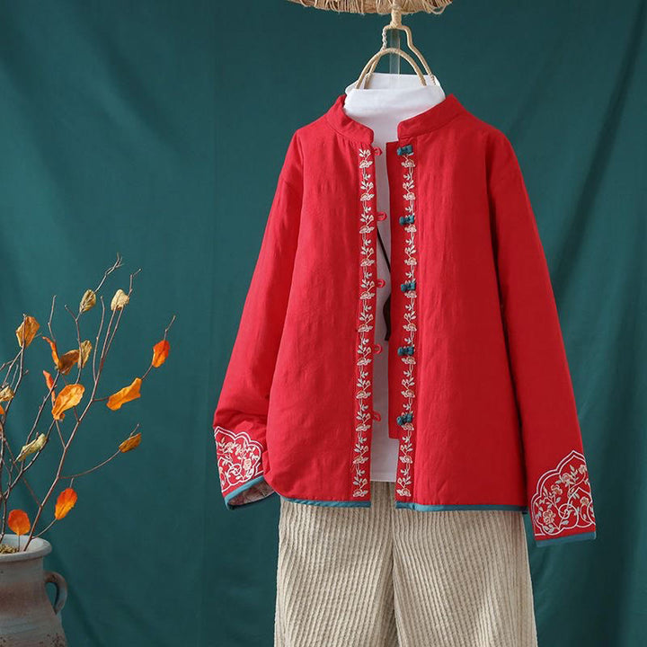 Giacca termica da donna in cotone a maniche lunghe con ricamo di fiori e bottoni a forma di rana invernale Buddha Stones - Rosso - US8-10, UK/AU12-14, EU40-42 (2XL) - image 18