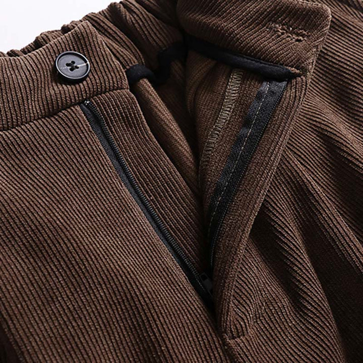 Pantaloni da uomo in velluto a coste di cotone con elastico in vita, gamba larga, tasche e bottoni invernali con cerniera Buddha Stones - image 4