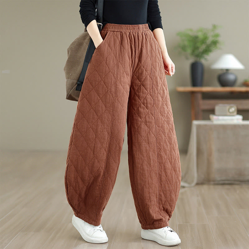 Pantaloni da donna in cotone con motivo a rombi invernali Buddha Stones e tasche - image 1