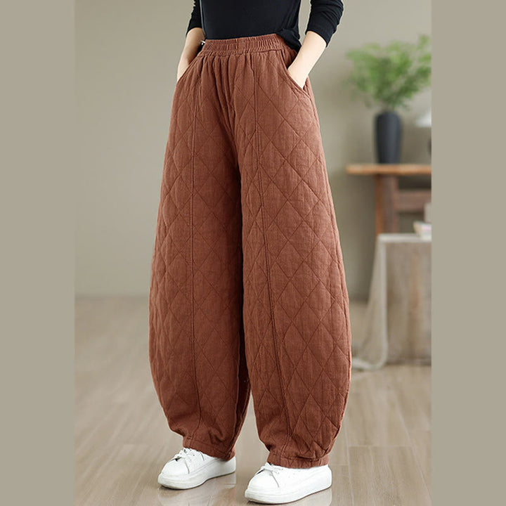 Pantaloni da donna in cotone con motivo a rombi invernali Buddha Stones e tasche - image 2