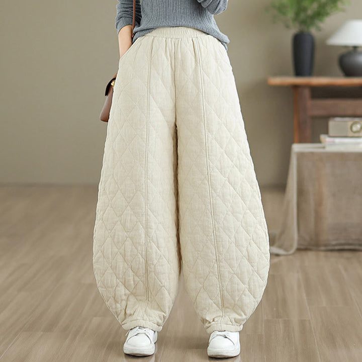 Pantaloni da donna in cotone con motivo a rombi invernali Buddha Stones e tasche - Bianco Floreale - US8-10, UK/AU12-14, EU40-42 (2XL) - image 8