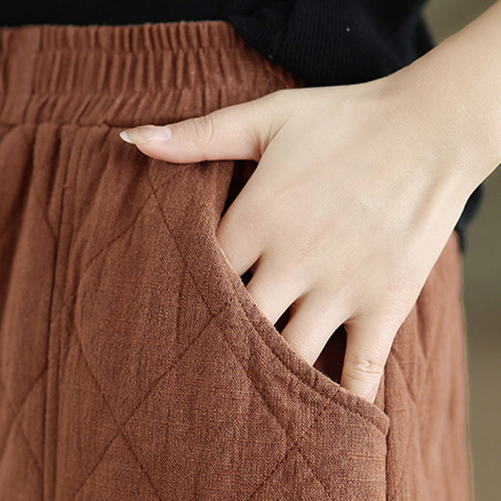 Pantaloni da donna in cotone con motivo a rombi invernali Buddha Stones e tasche - image 4