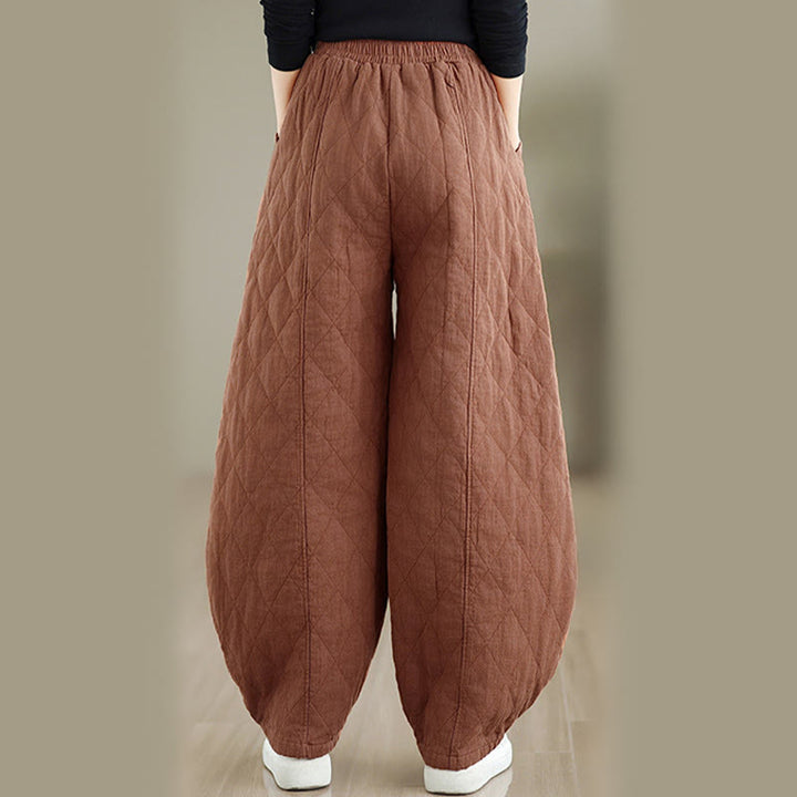 Pantaloni da donna in cotone con motivo a rombi invernali Buddha Stones e tasche - image 3