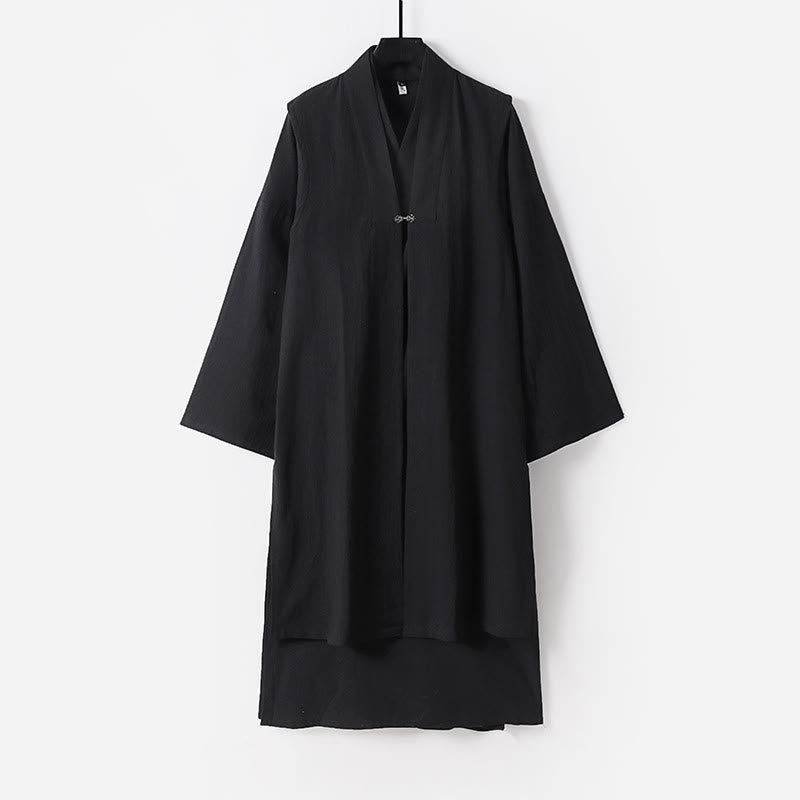 Buddha Stones 2 pezzi Wudang autunno solido manica lunga uomo taoista lunga veste senza maniche gilet con lacci kimono abito da cerimonia - Nero - US/UK/AU54, EU64 (9XL) - image 9