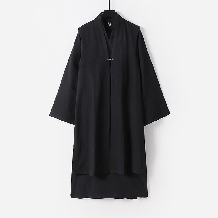 Buddha Stones 2 pezzi Wudang autunno solido manica lunga uomo taoista lunga veste senza maniche gilet con lacci kimono abito da cerimonia - Nero - US/UK/AU54, EU64 (9XL) - image 9