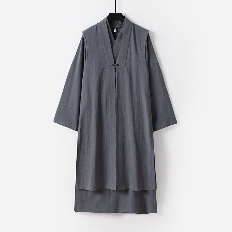 Buddha Stones 2 pezzi Wudang autunno solido manica lunga uomo taoista lunga veste senza maniche gilet con lacci kimono abito da cerimonia - Grigio scuro - US/UK/AU54, EU64 (9XL) - image 0