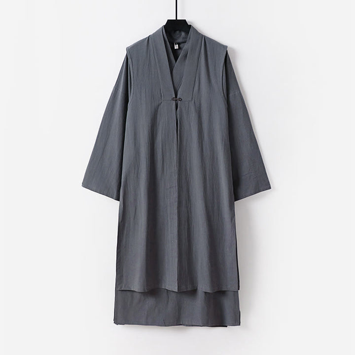 Buddha Stones 2 pezzi Wudang autunno solido manica lunga uomo taoista lunga veste senza maniche gilet con lacci kimono abito da cerimonia - Grigio scuro - US/UK/AU54, EU64 (9XL) - image 0