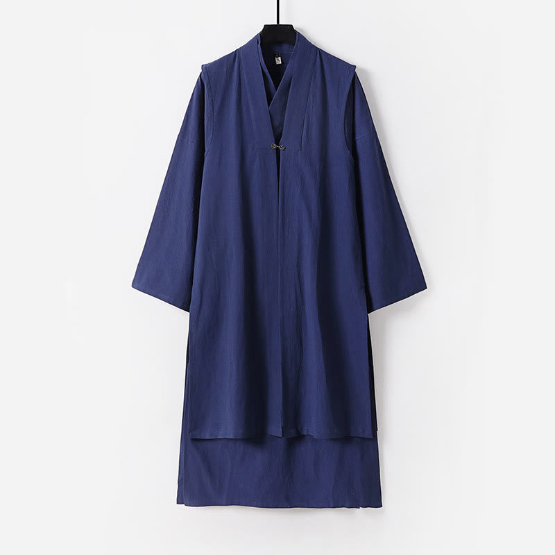 Buddha Stones 2 pezzi Wudang autunno solido manica lunga uomo taoista lunga veste senza maniche gilet con lacci kimono abito da cerimonia - SteelBlue - US/UK/AU54, EU64 (9XL) - image 12