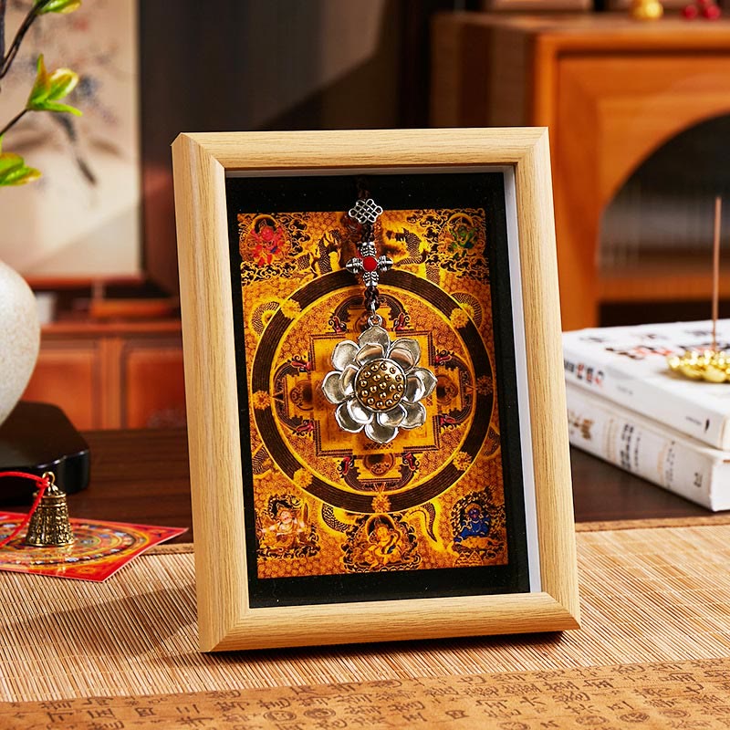 Ornamento per la casa, cornice per foto Thangka in lingotto dorato Buddha Stones Lotus - Stile 2 - Pannello di fibra a media densità giallo (13*18*4cm) - image 2