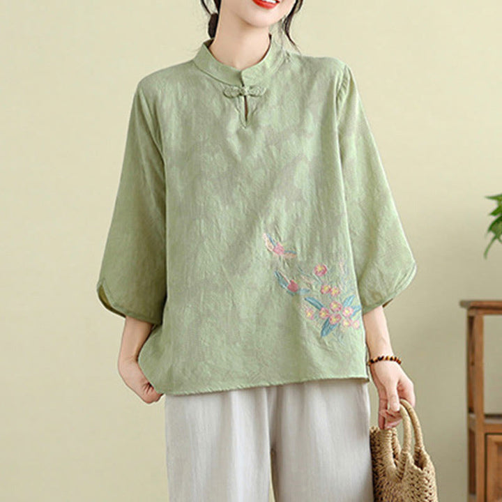 Camicia da donna in cotone con collo alla coreana, maniche a tre quarti, ricamo floreale con Buddha Stones un bottone a forma di rana - image 6