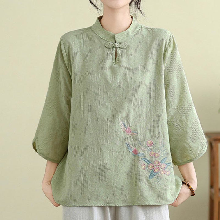 Camicia da donna in cotone con collo alla coreana, maniche a tre quarti, ricamo floreale con Buddha Stones un bottone a forma di rana - image 5