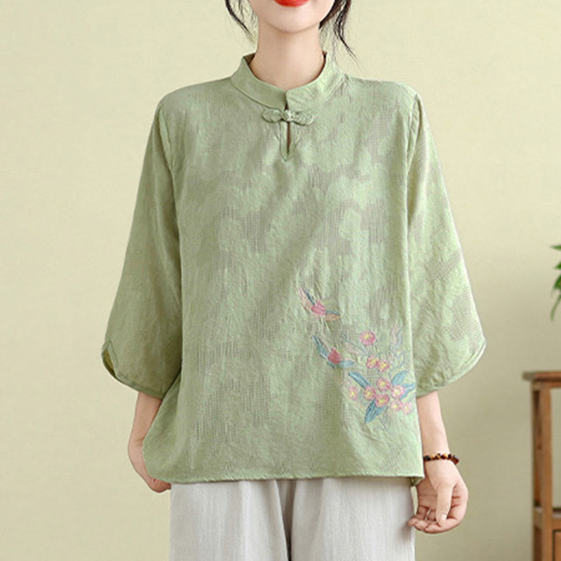 Camicia da donna in cotone con collo alla coreana, maniche a tre quarti, ricamo floreale con Buddha Stones un bottone a forma di rana - image 1