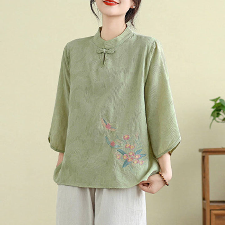 Camicia da donna in cotone con collo alla coreana, maniche a tre quarti, ricamo floreale con Buddha Stones un bottone a forma di rana - image 4