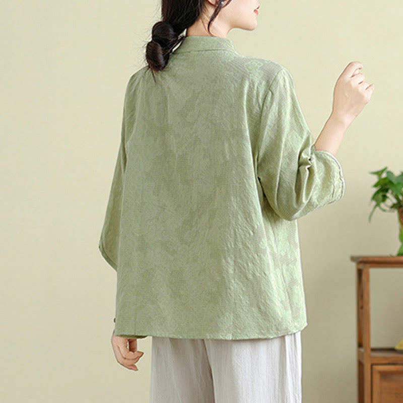 Camicia da donna in cotone con collo alla coreana, maniche a tre quarti, ricamo floreale con Buddha Stones un bottone a forma di rana - image 2