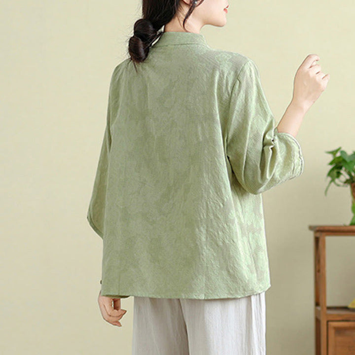 Camicia da donna in cotone con collo alla coreana, maniche a tre quarti, ricamo floreale con Buddha Stones un bottone a forma di rana - image 2