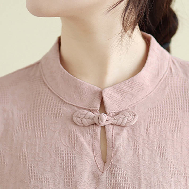 Camicia da donna in cotone con collo alla coreana, maniche a tre quarti, ricamo floreale con Buddha Stones un bottone a forma di rana - image 23