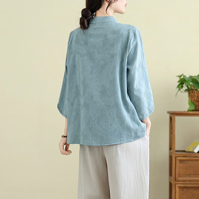 Camicia da donna in cotone con collo alla coreana, maniche a tre quarti, ricamo floreale con Buddha Stones un bottone a forma di rana - image 10