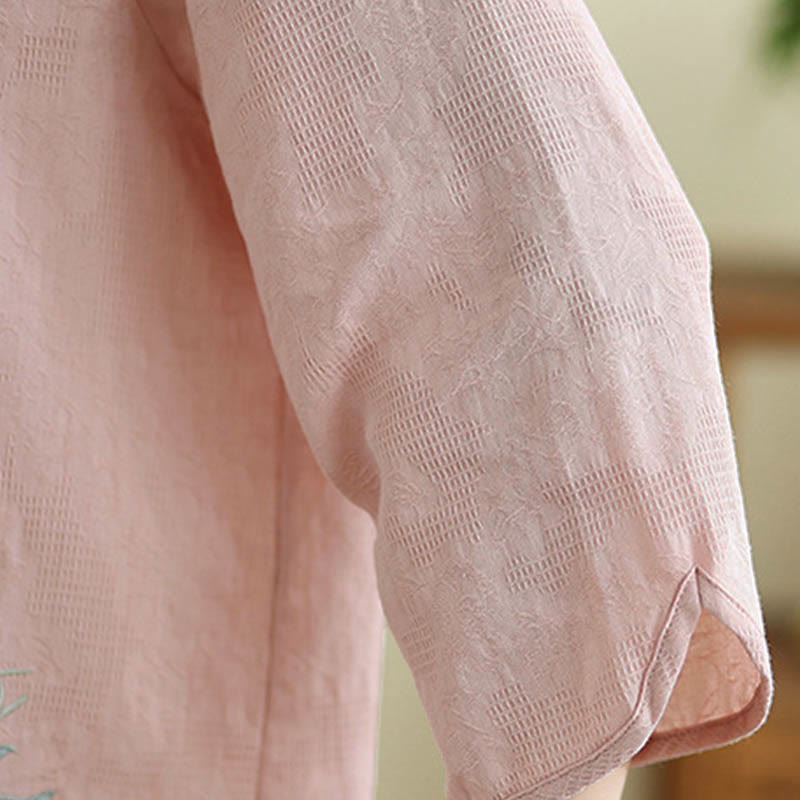 Camicia da donna in cotone con collo alla coreana, maniche a tre quarti, ricamo floreale con Buddha Stones un bottone a forma di rana - image 24