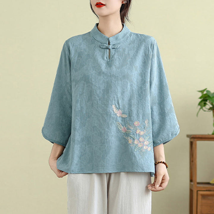 Camicia da donna in cotone con collo alla coreana, maniche a tre quarti, ricamo floreale con Buddha Stones un bottone a forma di rana - image 13